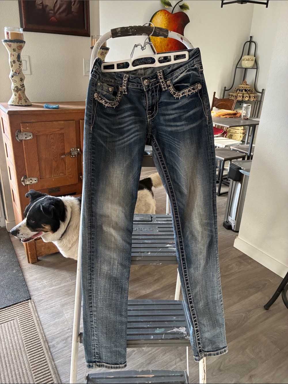Miss Me Women's Straight Leg Jeans - Dark Wash Blue with Fading